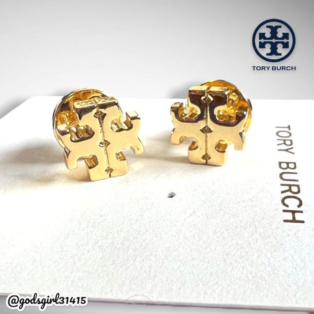 NWT Tory Burch 18K Gold Plated Kira Logo Stud Earrings & Dust Bag $78 - Picture 2 of 12